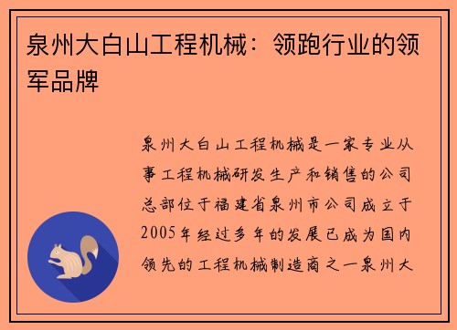 泉州大白山工程机械：领跑行业的领军品牌